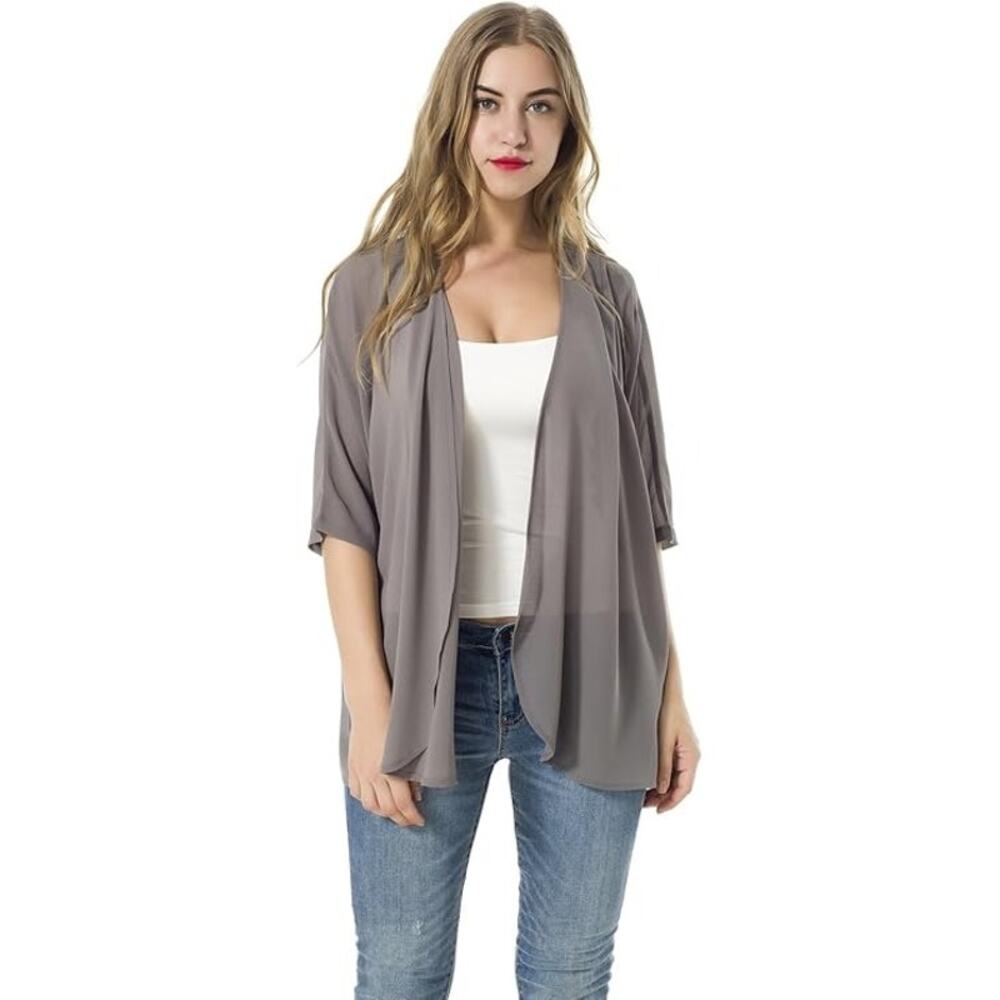 Women’s Large Gray Chiffon Cardigan – Light Short Sleeve Cover Up